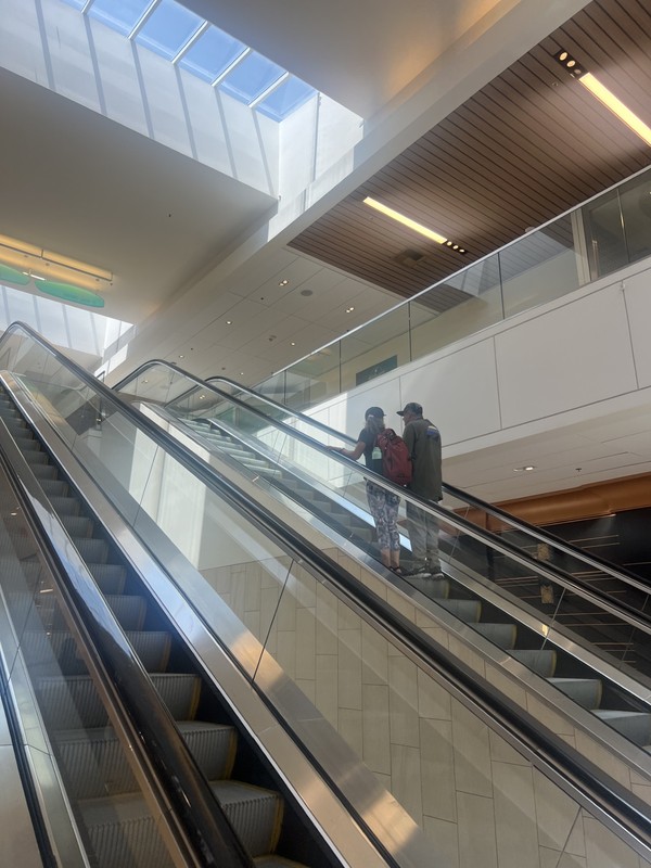 Day program participants practicing safe escalator use during community integration outing
