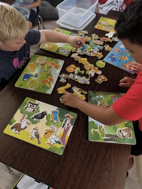 Group of children collaborating on colorful animal themed peg puzzles including birds and jungle animals during indoor activity time