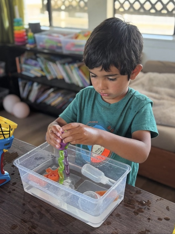 Child using purple tool to explore clear sensory bin containing colorful objects and ice during tactile learning activity