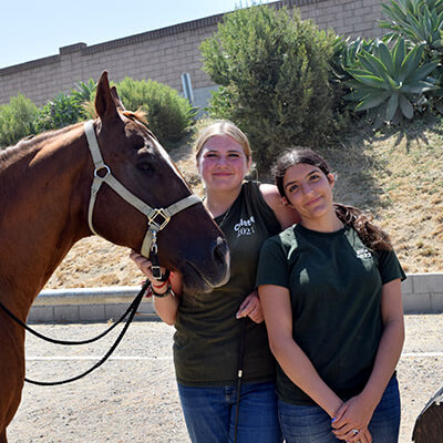 Two equestrian interns posing with a chestnut therapy horse at Ivey Ranch Park Association in Oceanside, California