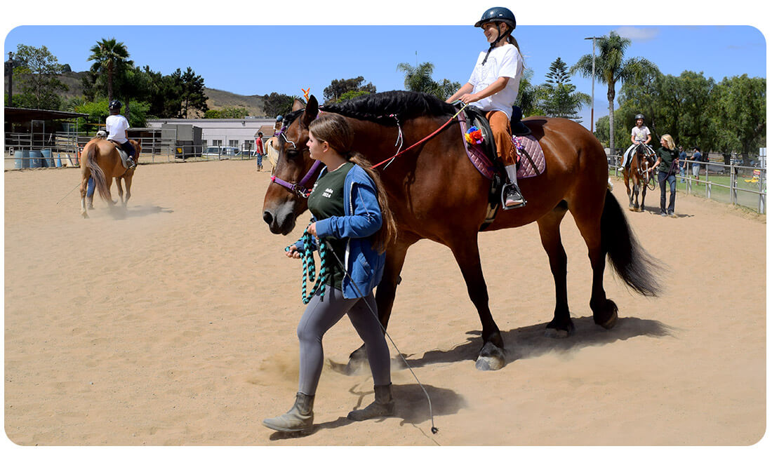 An intern leading a bay horse with a rider through the arena during a riding session at Ivey Ranch Park Association in Oceanside, California