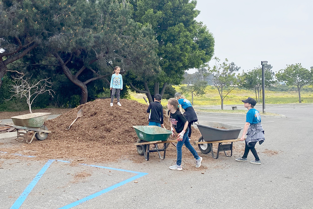 A group of children hauling wheelbarrows of mulch during a family service project at Ivey Ranch Park Association in Oceanside, California