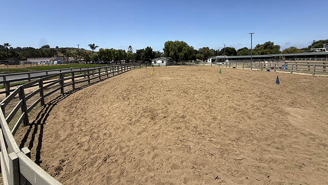 The 80-foot by 140-foot oval riding arena at Ivey Ranch Park Association, sponsored by the LA84 Foundation and Las Patronas, in Oceanside, CA
