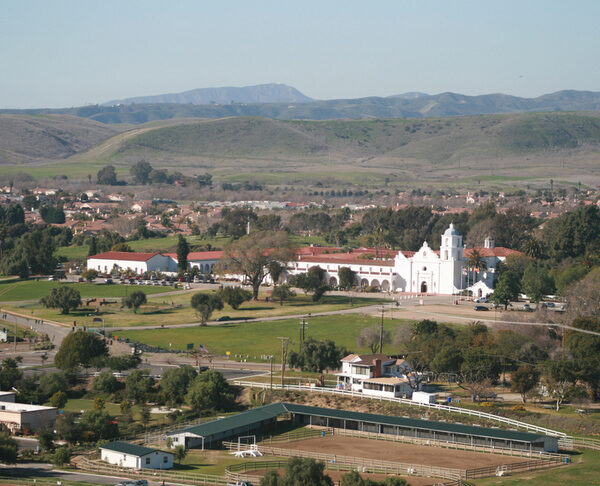 Aerial view of Ivey Ranch Park and Mission San Luis Rey in Oceanside, CA taken in 2013