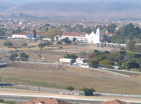 Aerial view of the Mission San Luis Rey and Ivey Ranch Park in Oceanside, CA taken in 2006