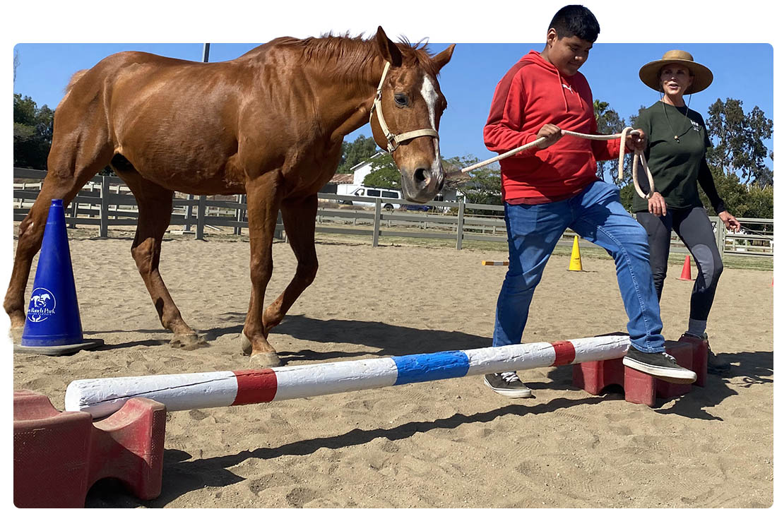 A participant steps over a ground pole alongside a chestnut horse while an instructor guides the activity during an Equine Assisted Learning session at Ivey Ranch in Oceanside, CA