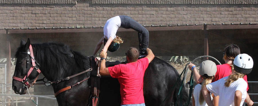 A vaulter performs a backbend on a black horse with instructor support during a vaulting session at Ivey Ranch in Oceanside, CA